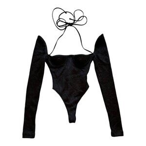 LaQuan Smith Halter Long Sleeve Bodysuit in Black